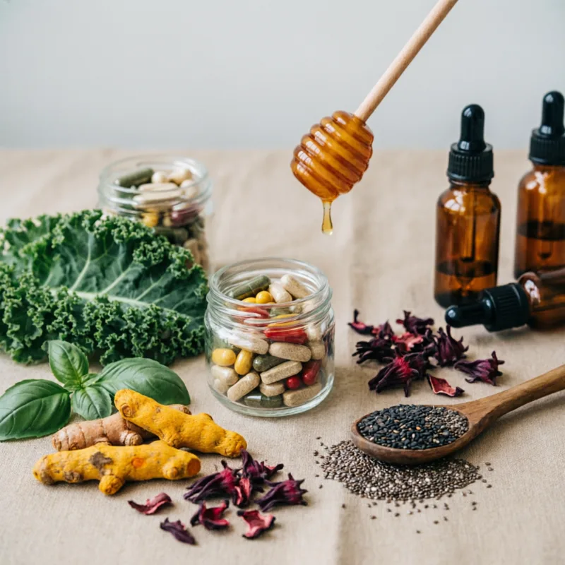 Composição editorial com produtos naturais: cápsulas, cúrcuma, hibisco, mel e folhas